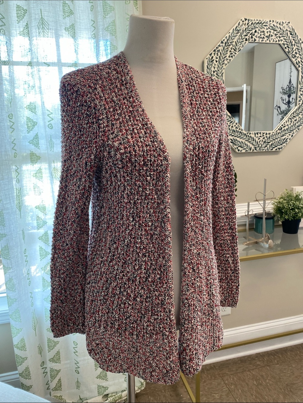 J. Jill Marled Red and White and Black Open-Front Cardigan